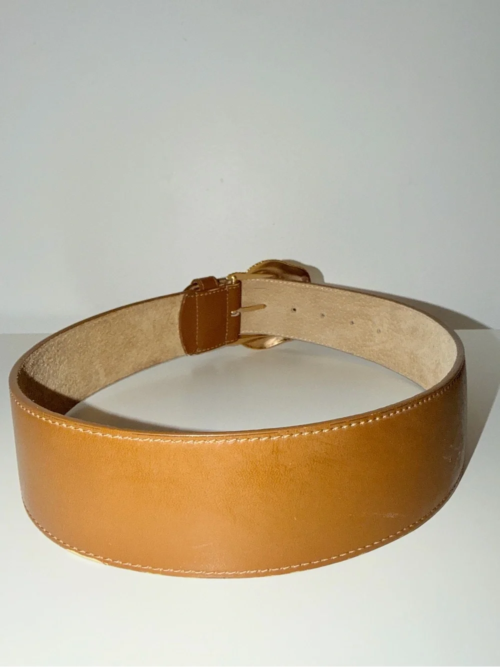 Vtg Anne Klein For Oroton Brown Leather Wide Belt With Gold-Tone Buckle, Sz Sm